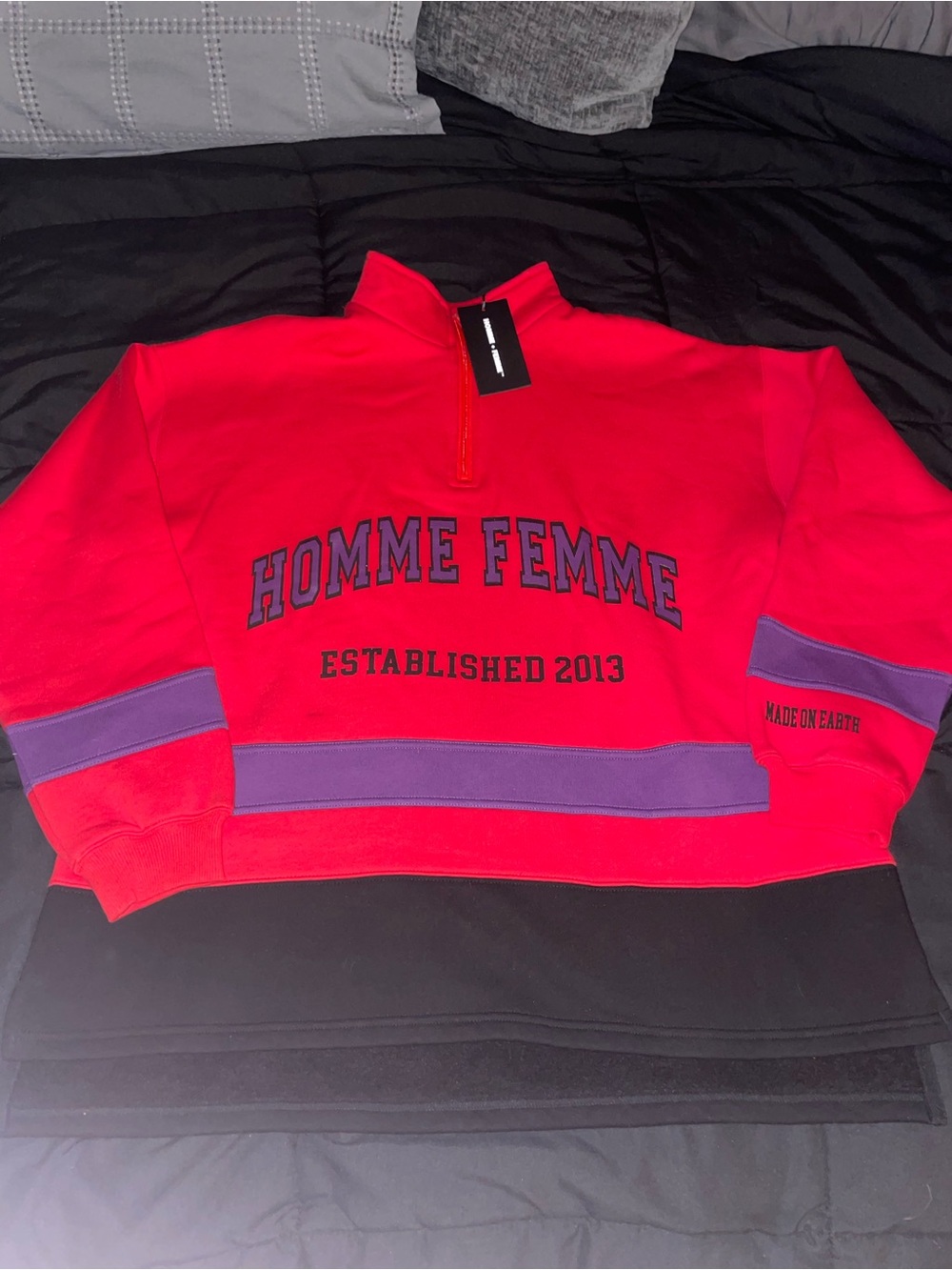 HOMME FEMME Red Quarter-Zip Sweatshirt with Purple Trim